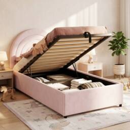 ModernLuxe Kids single upholstered bed with hydraulic storage & headboard in Pink - thumbnail 5