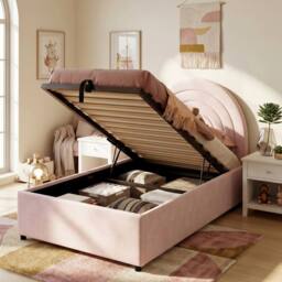 ModernLuxe Kids single upholstered bed with hydraulic storage & headboard in Pink - thumbnail 3