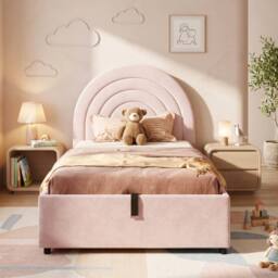 ModernLuxe Kids single upholstered bed with hydraulic storage & headboard in Pink - thumbnail 4