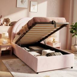 ModernLuxe Kids single upholstered bed with hydraulic storage & headboard in Pink - thumbnail 2