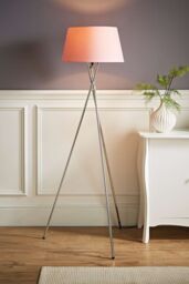 ValueLights Camden Polished Chrome Tripod Floor Lamp with Pink Tapered Lamp Shade in Pale Pink