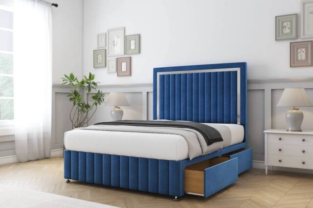 "Comfort Beds Boston Gold Plush Divan Base 2 Drawers - 26"" Headboard-Footboard in Navy - Size: Small Double" - image 1