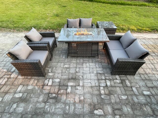 Fimous Wicker PE Rattan Garden Furniture Sets 6 Seater Patio Outdoor Gas Firepit Dining Table Heater Set with Double Seat Sofa in Dark Grey