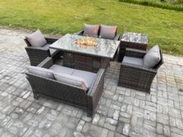 Fimous Wicker PE Rattan Garden Furniture Sets 6 Seater Patio Outdoor Gas Firepit Dining Table Heater Set with Double Seat Sofa in Dark Grey - thumbnail 2