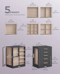 SONGMICS Rotating Jewellery Box with Glass Display & 5 Drawers in Dark Grey - thumbnail 2