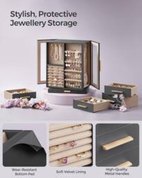 SONGMICS Rotating Jewellery Box with Glass Display & 5 Drawers in Dark Grey - thumbnail 4