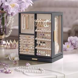 SONGMICS Rotating Jewellery Box with Glass Display & 5 Drawers in Dark Grey