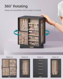 SONGMICS Rotating Jewellery Box with Glass Display & 5 Drawers in Dark Grey - thumbnail 3