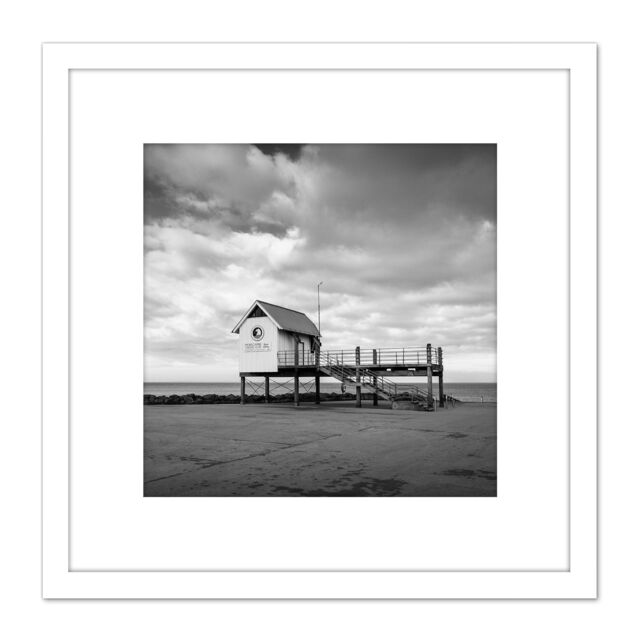 Artery8 Morecambe Sailing Club Pier Kiosk Black White Photo 8X8 Inch Square Wooden Framed Wall Art Print Picture with Mount - image 1