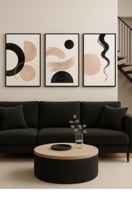 Mafett Set of 3 Abstract Black & Beige Geometric Wall Art Paper Prints Unframed - Size: A3