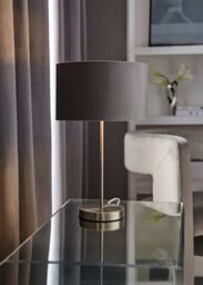 ValueLights Charlie Chrome Stem Table Lamp with Grey Velvet with Chrome Inner Lamp Shade