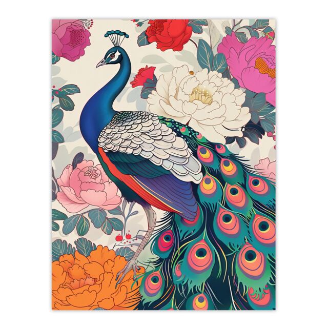 "Artery8 Peacock Bird with Peony Flower Pattern Design Wall Art Print in Pink - Size: W12"" x H16""" - image 1