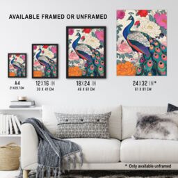 "Artery8 Peacock Bird with Peony Flower Pattern Design Wall Art Print in Pink - Size: W12"" x H16""" - thumbnail 3