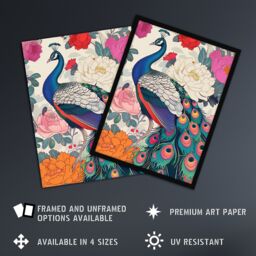 "Artery8 Peacock Bird with Peony Flower Pattern Design Wall Art Print in Pink - Size: W12"" x H16""" - thumbnail 2