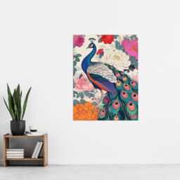 "Artery8 Peacock Bird with Peony Flower Pattern Design Wall Art Print in Pink - Size: W12"" x H16""" - thumbnail 4