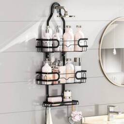 KORVIXA Over Head Shower Caddy Basket with Hooks 3 Layers in Black - Size: 50 cm x 80 cm - thumbnail 5