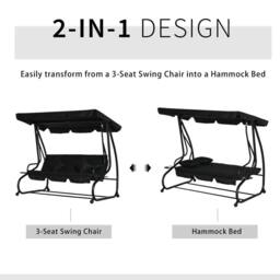 OUTSUNNY 2-in-1 Garden Swing Chair for 3 Person w/ 2 Pillows, Black - thumbnail 4