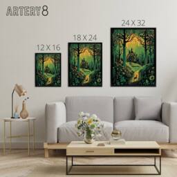 "Artery8 Cabin Hut In A Forest At Sunrise Framed Canvas Wall Art Print in Green - Size: W12"" x H16""" - thumbnail 4