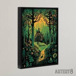 "Artery8 Cabin Hut In A Forest At Sunrise Framed Canvas Wall Art Print in Green - Size: W12"" x H16""" - thumbnail 2