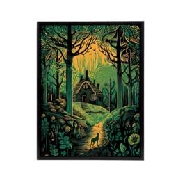 "Artery8 Cabin Hut In A Forest At Sunrise Framed Canvas Wall Art Print in Green - Size: W12"" x H16""" - thumbnail 1