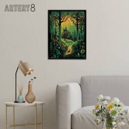 "Artery8 Cabin Hut In A Forest At Sunrise Framed Canvas Wall Art Print in Green - Size: W12"" x H16""" - thumbnail 3