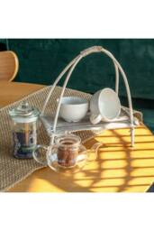 KDMD Coconut Leaf Tea Stand - Handcrafted Whitewashed Rattan in White - thumbnail 3