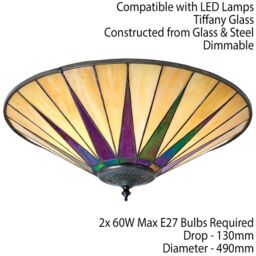 Loops Tiffany Glass Semi Flush Ceiling Light Large Round Cream Inverted Shade i00041 in Clear - thumbnail 2