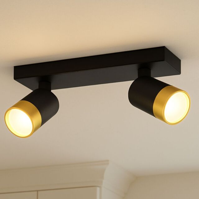 CGC Lighting 'Puzon' Black & Gold GU10 Adjustable Twin Two Head GU10 Ceiling Spotlight Bar Light - image 1