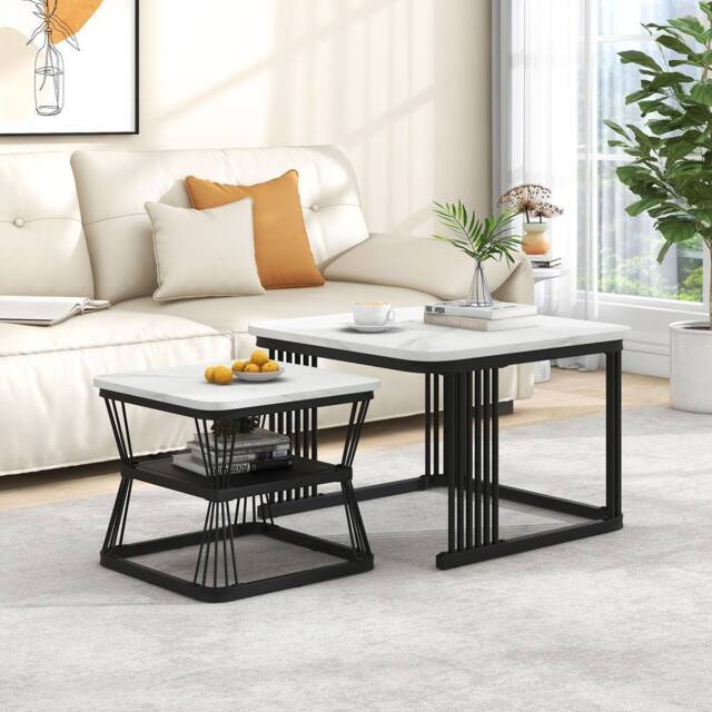 ModernLuxe Set of 2 nesting coffee tables with marble top & metal legs in White - image 1