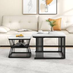 ModernLuxe Set of 2 nesting coffee tables with marble top & metal legs in White - thumbnail 2