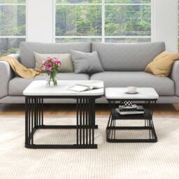 ModernLuxe Set of 2 nesting coffee tables with marble top & metal legs in White - thumbnail 4