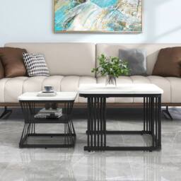 ModernLuxe Set of 2 nesting coffee tables with marble top & metal legs in White - thumbnail 3