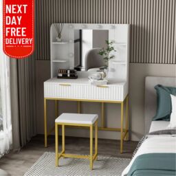 KOSY KOALA Dressing Table Set with Bulb Lights Mirror, Side Shelves & Stool - White & Gold - Hollywood Style - thumbnail 7