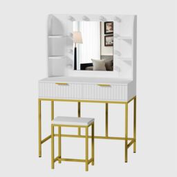 KOSY KOALA Dressing Table Set with Bulb Lights Mirror, Side Shelves & Stool - White & Gold - Hollywood Style - thumbnail 2