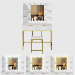 KOSY KOALA Dressing Table Set with Bulb Lights Mirror, Side Shelves & Stool - White & Gold - Hollywood Style - thumbnail 4