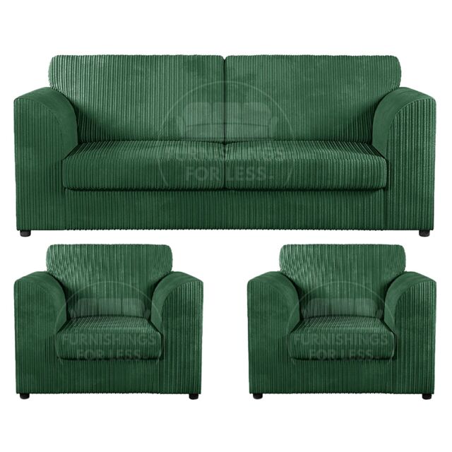 Furnishings For Less UK Luxor Jumbo Cord 3 + 1 + 1 Fabric 3 Piece Sofa Suite - Fullback in Green - image 1