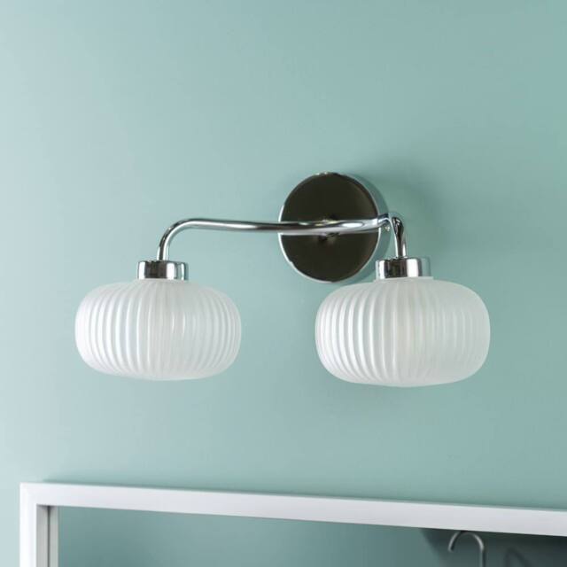 ValueLights Amaia Pair of Chrome 2 Way Frosted Glass IP44 Wall Lights with Bulbs in Metallic Silver - image 1