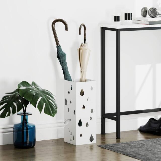 HOMCOM Metal Umbrella Stand, Square Umbrella Basket with 4 Hooks Drip Tray White - image 1