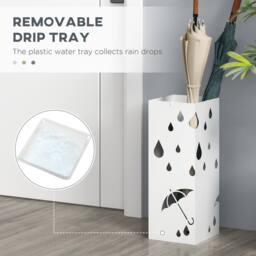 HOMCOM Metal Umbrella Stand, Square Umbrella Basket with 4 Hooks Drip Tray White - thumbnail 6