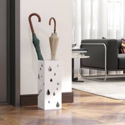 HOMCOM Metal Umbrella Stand, Square Umbrella Basket with 4 Hooks Drip Tray White - thumbnail 7