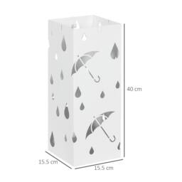 HOMCOM Metal Umbrella Stand, Square Umbrella Basket with 4 Hooks Drip Tray White - thumbnail 3