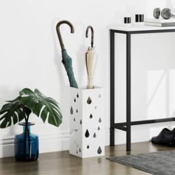 HOMCOM Metal Umbrella Stand, Square Umbrella Basket with 4 Hooks Drip Tray White