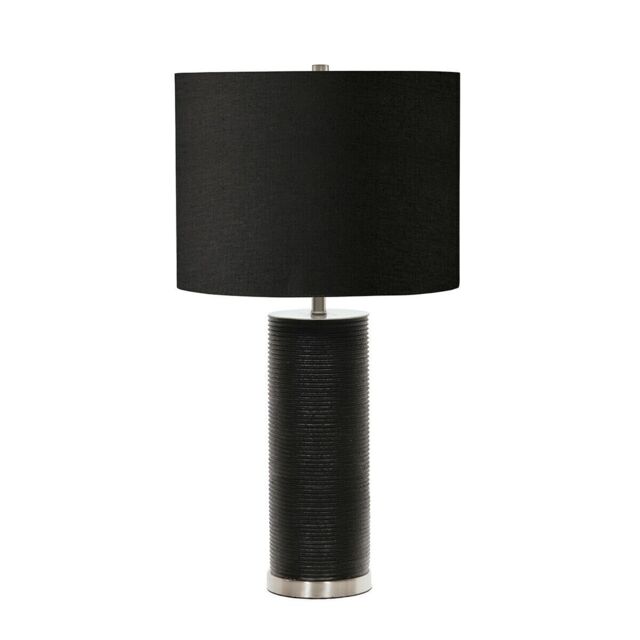 Loops Table Lamp Ribbed Black Resin Base Black Faux Linen Shade Black LED E27 60W - image 1