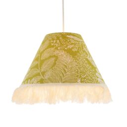 Happy Homewares Olive Green Jacquard Linen Floral Coolie Lamp Shade with White Tassels - Size: 12 inches - thumbnail 2