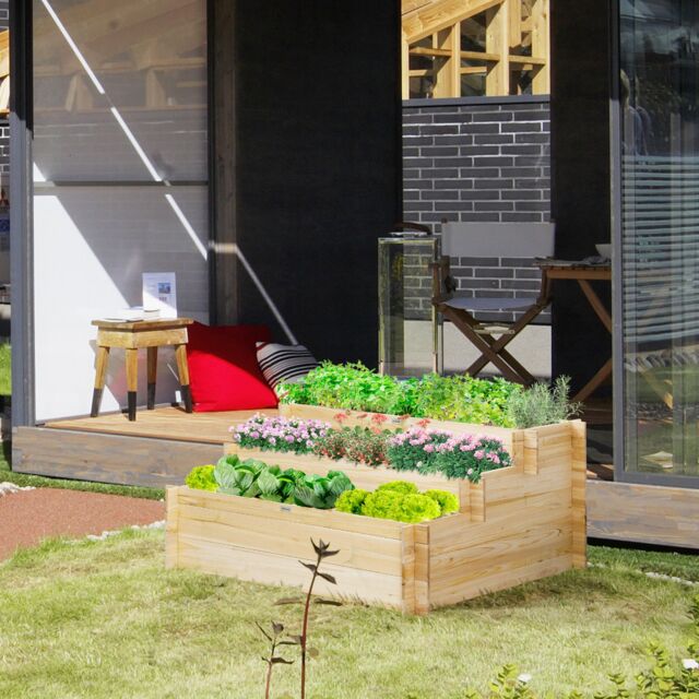 OUTSUNNY 3 Tier Raised Garden Bed Planter Box with 9 Grids & Non-woven Fabric in Natural - image 1