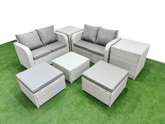 Fimous 6 Seater Outdoor Love Sofa Set Rattan Garden Furniture Set with Square Coffee Table 2 Footstool 2 Side Tables Light Grey - image 1