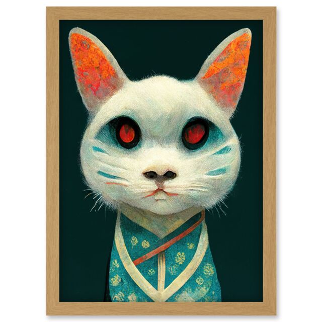 Artery8 Nihonga Kimono Cat Japan Illustration Artwork Framed Wall Art Print A4 in Light Oak - image 1