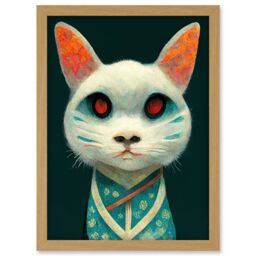 Artery8 Nihonga Kimono Cat Japan Illustration Artwork Framed Wall Art Print A4 in Light Oak - thumbnail 1
