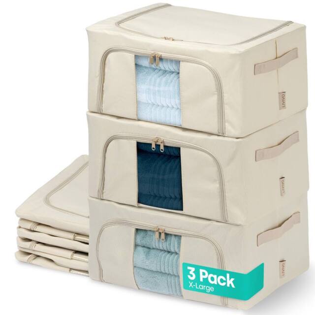 LIVIVO Foldable Storage Bags 3 Pack XL Clear Window Steel Frame in Beige - image 1