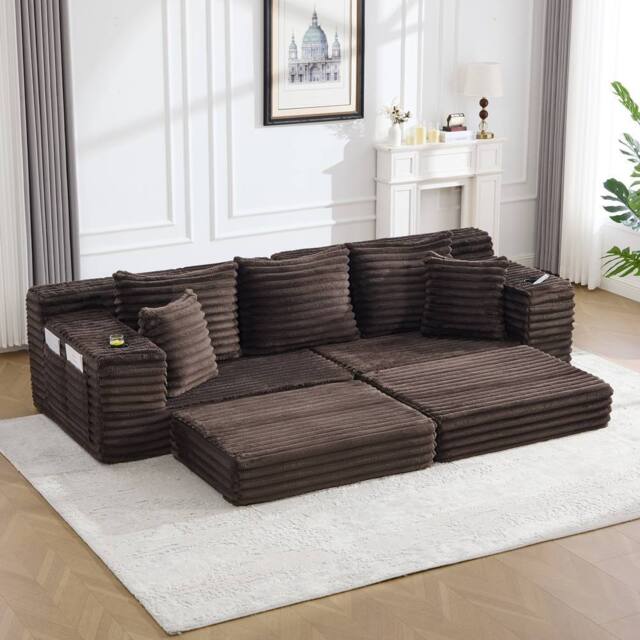 Matteo Corduroy Convertible Sofa Bed with Pockets & Cup Holders - Coffee in Brown - image 1